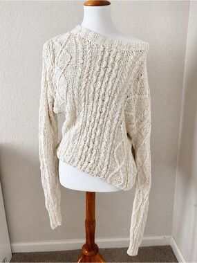 Vintage LL Bean Women’s Cable Knit Fisherman Sweater 100% Silk Ivory Crewneck L